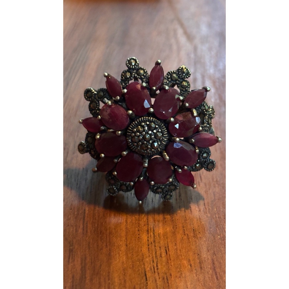 Vintage CFJ Ruby Marcasite Ring Floral 925 Sterling Silver Statement Ring Size 9